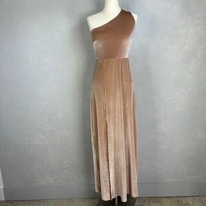Baltic Born size M Tatiana velvet maxi dress one shoulder tan side slit